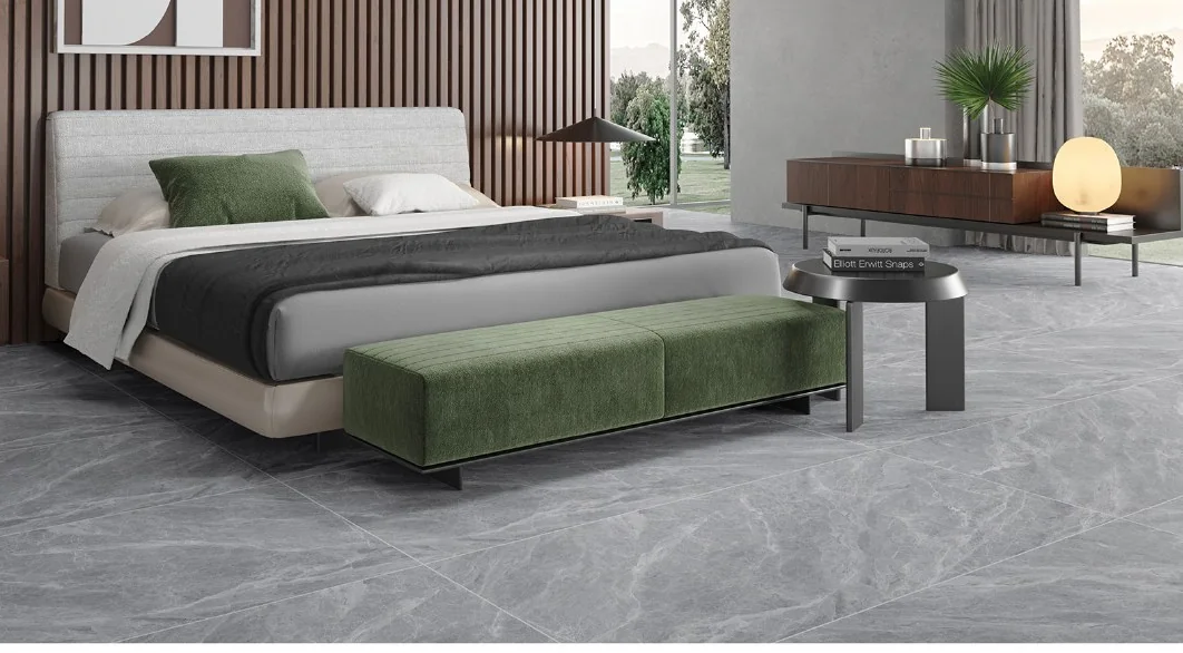 Grey stone-look porcelain tile used across a contemporary interior floor