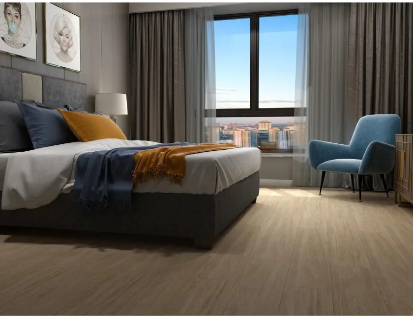 Natural wood-look porcelain plank floor in a furnished interior