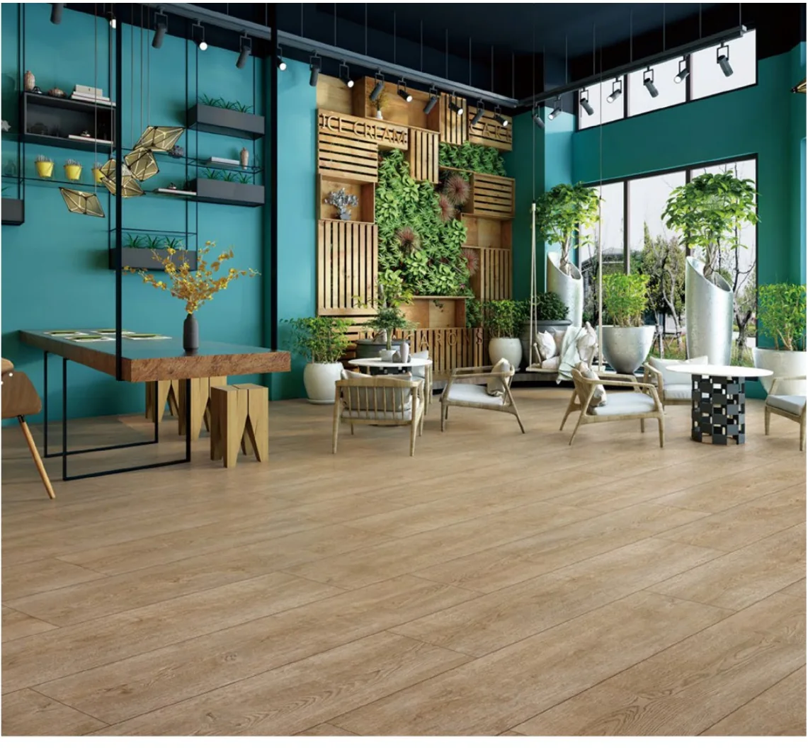 Extra-long wood-look porcelain planks in a retail-inspired interior